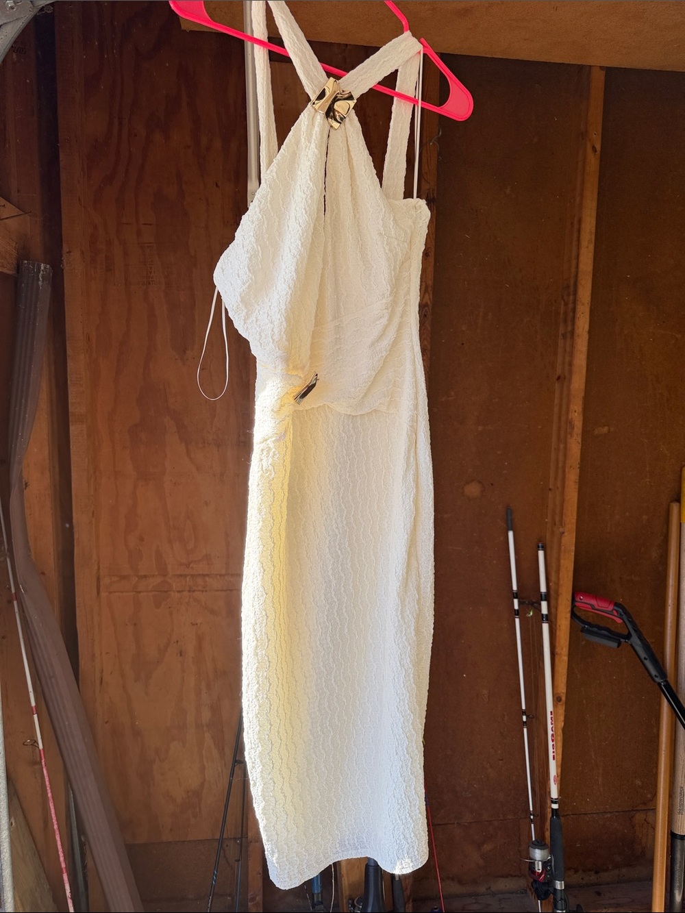 Elegant Cream Lace Midi Dress with Halter Neckline